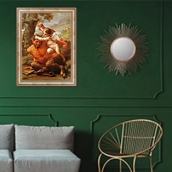 «Cupid and Pan» в интерьере классической гостиной с зеленой стеной над диваном