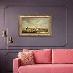 «Вид Невского проспекта у Полицейского моста» в интерьере гостиной с розовым диваном