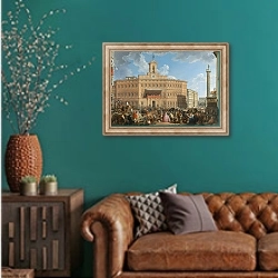 «Лотерея на Пьяцца Монтечиторио» в интерьере гостиной с зеленой стеной над диваном