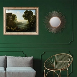 «Pastoral Landscape, 1638» в интерьере классической гостиной с зеленой стеной над диваном