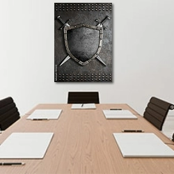 «Cредневековый щит с двумя скрещенными мечами» в интерьере офиса над переговорным столом
