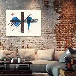 «Blau in Rund und Spitz» в интерьере гостиной в стиле лофт с кирпичной стеной