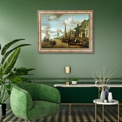 «The Port of Rhodes» в интерьере гостиной в зеленых тонах