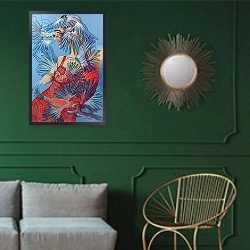 «Hat Dreams, 2015» в интерьере классической гостиной с зеленой стеной над диваном