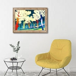 «Разноцветный лес» в интерьере комнаты в скандинавском стиле с желтым креслом