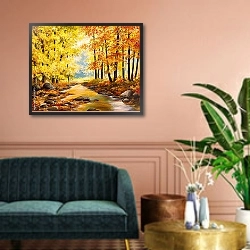 «Красочные осенние деревья у ручья» в интерьере гостиной в бордовых тонах