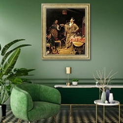 «Свежий кавалер. Утро чиновника, получившего первый крестик. 1848» в интерьере гостиной в зеленых тонах