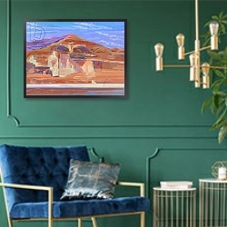 «Painted Cliffs, Lake Powell» в интерьере классической гостиной с зеленой стеной над диваном