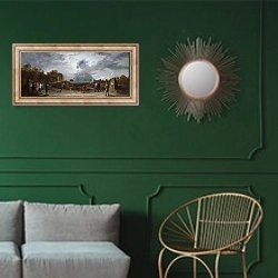 «Крестьяне за стрельбой из лука» в интерьере классической гостиной с зеленой стеной над диваном