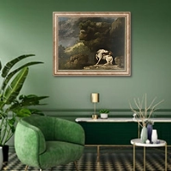«A Lion Attacking a Horse, 1770» в интерьере гостиной в зеленых тонах