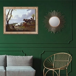 «Скот» в интерьере классической гостиной с зеленой стеной над диваном