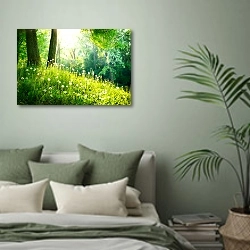 «Летняя поляна» в интерьере современной спальни в зеленых тонах