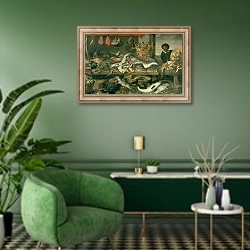 «The Fish Market, 1618-21» в интерьере гостиной в зеленых тонах