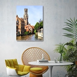 «Бельгия. Каналы Брюгге» в интерьере современной гостиной с желтым креслом