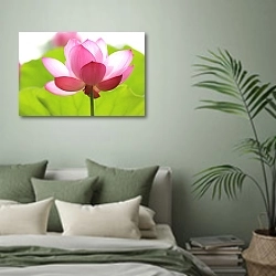 «Розовый лотос на фоне листа» в интерьере современной спальни в зеленых тонах