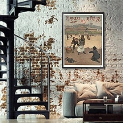 «Chocolat des trois frères» в интерьере двухярусной гостиной в стиле лофт с кирпичной стеной