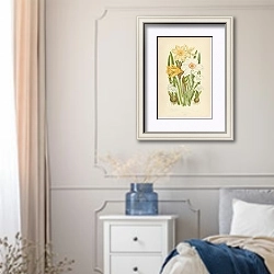 «Common Daffodil, The Poets Narcissus, Pale n., Snowdrop, Summer Snow Flake» в интерьере спальни в стиле прованс с синими деталями