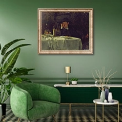 «With wine from Rome, 1872» в интерьере гостиной в зеленых тонах