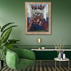 «Священная семья со Святым Николой из Толентино» в интерьере гостиной в зеленых тонах