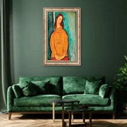 «Portrait of Jeanne Hebuterne» в интерьере зеленой гостиной над диваном