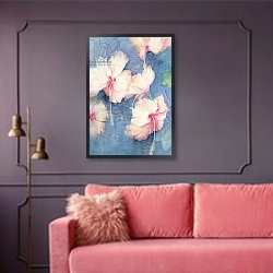 «Hibiscus, apricot» в интерьере гостиной с розовым диваном