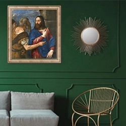 «The Tribute Money» в интерьере классической гостиной с зеленой стеной над диваном