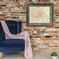«Карта окрестностей Вены, конец 19 в. 3» в интерьере в стиле лофт с кирпичной стеной и синим креслом