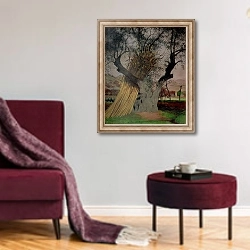 «The Old Olive Tree, 1922» в интерьере гостиной в бордовых тонах