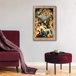 «Deposition from the Cross, 1543-45» в интерьере гостиной в бордовых тонах