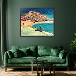 «Hastings: beach scene» в интерьере зеленой гостиной над диваном