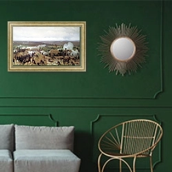 «Захват Гривицкого редута под Плевной. 1885» в интерьере классической гостиной с зеленой стеной над диваном