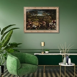 «Harvest,, 1576» в интерьере гостиной в зеленых тонах