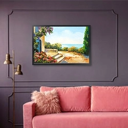 «Крыльцо у дома в цветах» в интерьере гостиной с розовым диваном