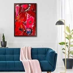 «Красная абстракция» в интерьере современной гостиной над синим диваном