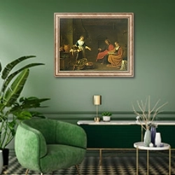 «Christ in the House of Martha and Mary, 1645» в интерьере гостиной в зеленых тонах