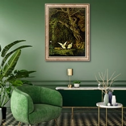 «Foxes and Geese» в интерьере гостиной в зеленых тонах