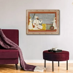 «Raja Ajmat Dev of Mankot Smoking a Hookah, c.1730» в интерьере гостиной в бордовых тонах