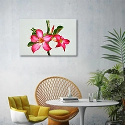«Розовые тропические цветки» в интерьере современной гостиной с желтым креслом
