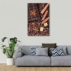 «Кофе в зернах и темный шоколад с корицей» в интерьере гостиной в скандинавском стиле с серым диваном