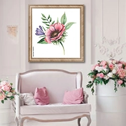 «Розовый цветок с фиолетовым бутоном» в интерьере гостиной в стиле прованс над диваном