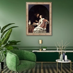 «Dutch Courtship, 1675» в интерьере гостиной в зеленых тонах