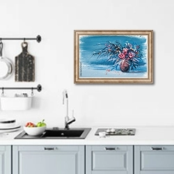 «Букетик роз на голубом» в интерьере кухни над мойкой