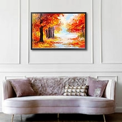«Красочный осенний лес 2» в интерьере гостиной в классическом стиле над диваном