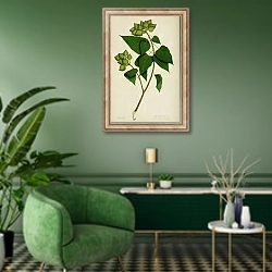 «Bixa orellana» в интерьере гостиной в зеленых тонах