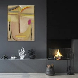 «Abstract Head,Gold and Pink» в интерьере гостиной в стиле минимализм с камином