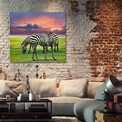 «Две зебры на фоне заката» в интерьере гостиной в стиле лофт с кирпичной стеной