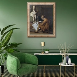«Сидящий и рисующий мальчик» в интерьере гостиной в зеленых тонах