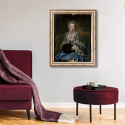 «Old woman wearing a lace shawl and muff» в интерьере гостиной в бордовых тонах