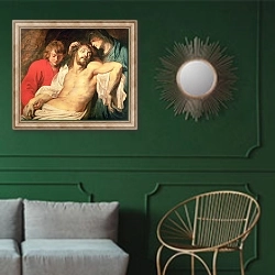 «Lament of Christ by the Virgin and St. John, 1614/15» в интерьере классической гостиной с зеленой стеной над диваном