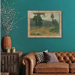 «Autumn in the Slanca valley» в интерьере гостиной с зеленой стеной над диваном